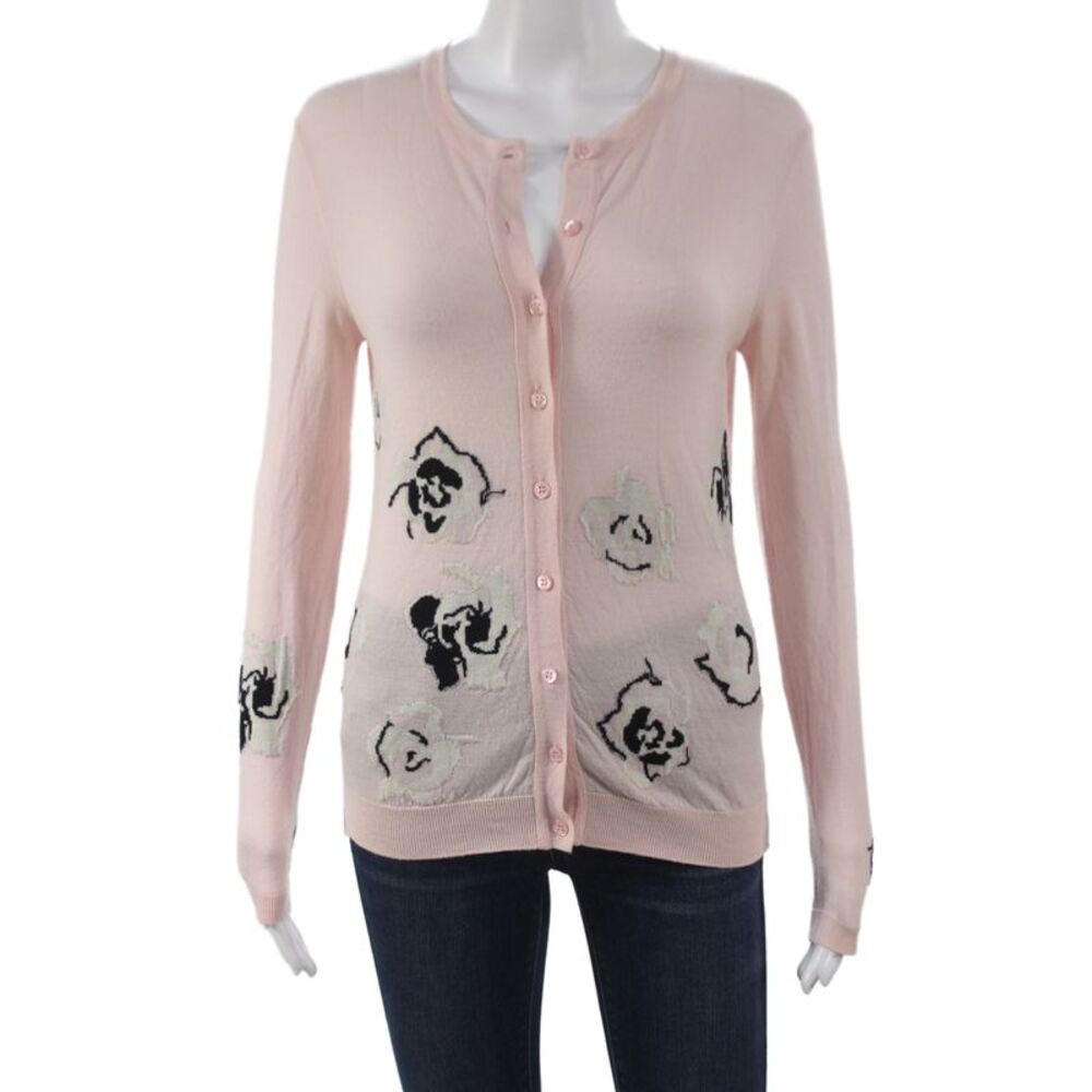 Christian Dior Women Cardigan Pink Floral Wool Long Sleeve Size 6